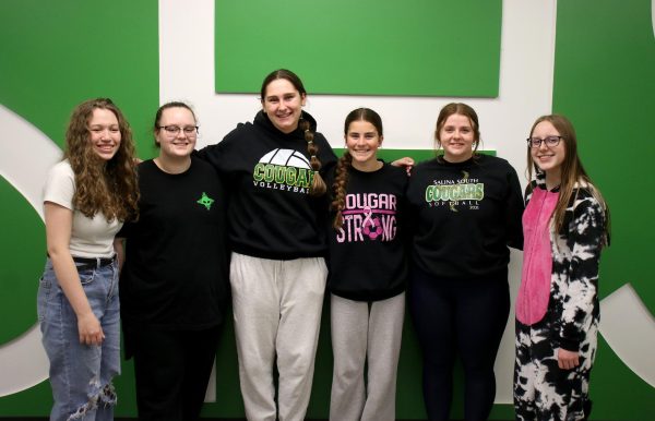 Megan Graff (24), student body president, Kalex Ludgrin (24), Co-vice senior president, Natalie Brenneman (25), chairman of rules and values, Lauren Crow (26), chairman of community involvement, Maycie Scheele (24), Co-vice senior president and Jalee Hurren (26) treasurer, participate in school spirit pajama day, during the week of prom.