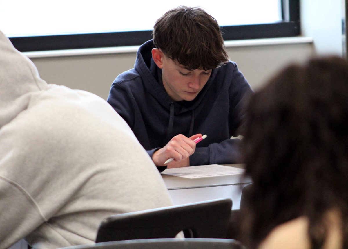 Westin Fischer ('29) takes a practice ACT reading test at Gifted Coordinator Niki Chamberlain's ACT prep meeting. 